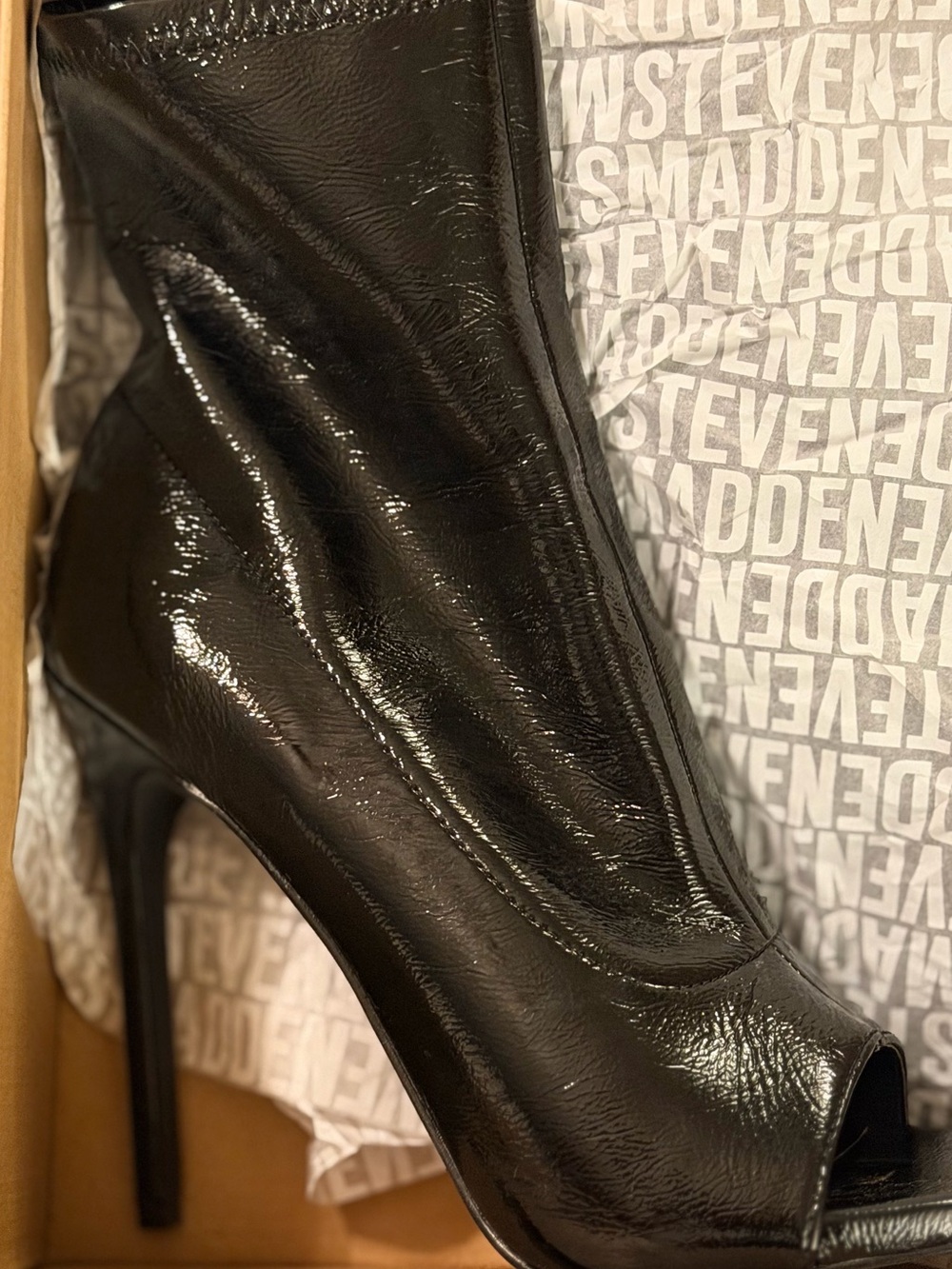 Steve Madden Black Patent Leather Peep-Toe Stiletto Boot